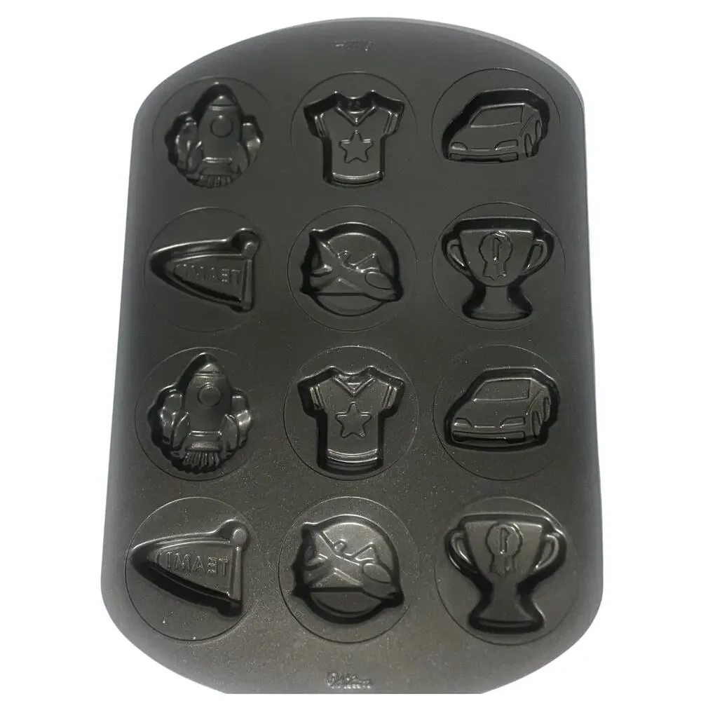 Wilton Ultra Bake 12-Cavity Cookie Mold Pan Car Rocket etc Boys Team Theme
